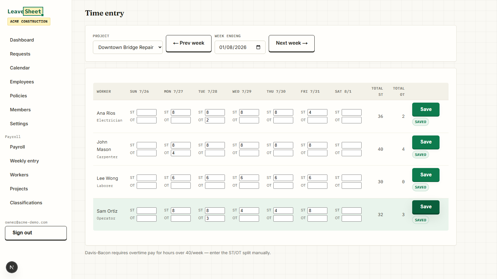 LeaveSheet weekly hours grid with straight-time and overtime hours entered per worker per day