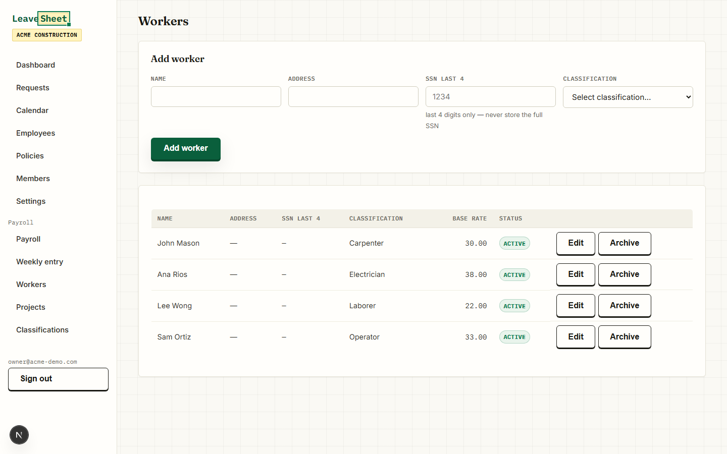 LeaveSheet workers list with classifications and prevailing-wage base and fringe rates