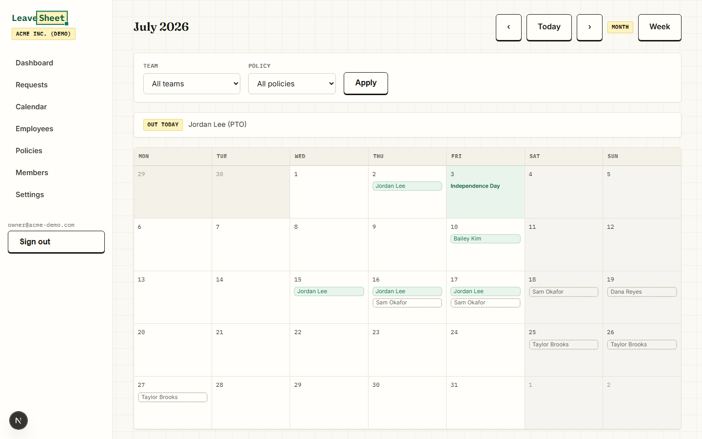 LeaveSheet team calendar with approved absences and US federal holidays