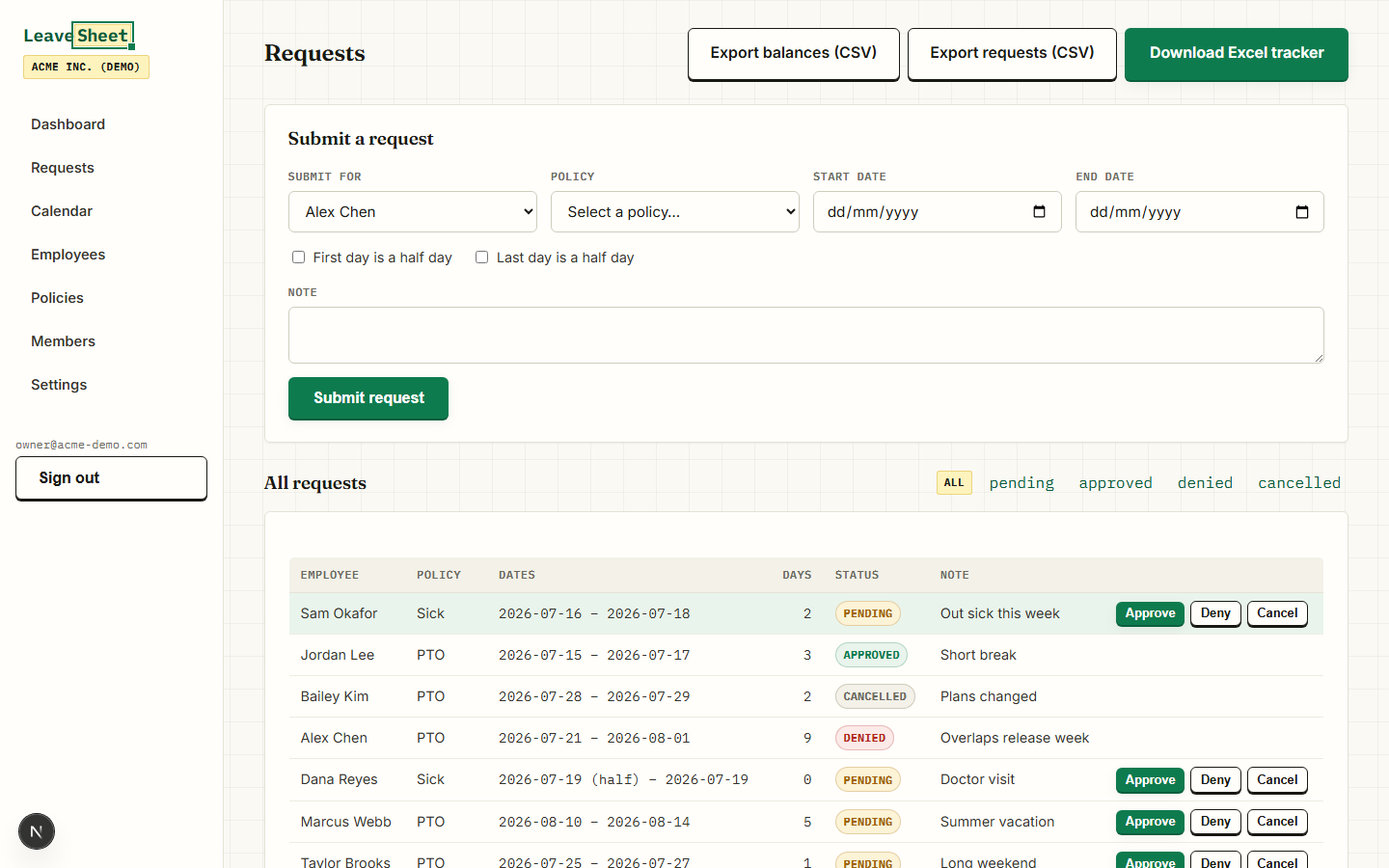 LeaveSheet requests view with pending and approved leave requests